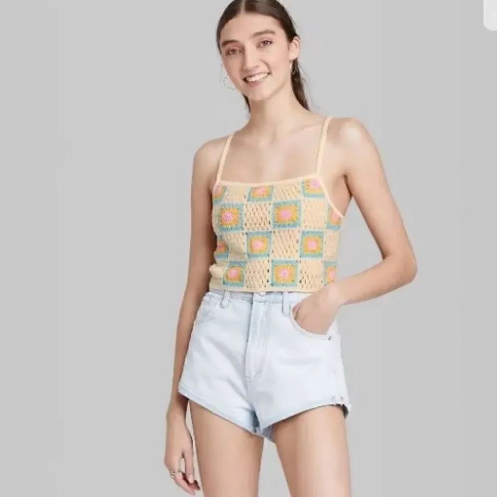 Wild Fable Retro Floral Crochet Knit Spaghetti Strap Crop Top Natural/aqua